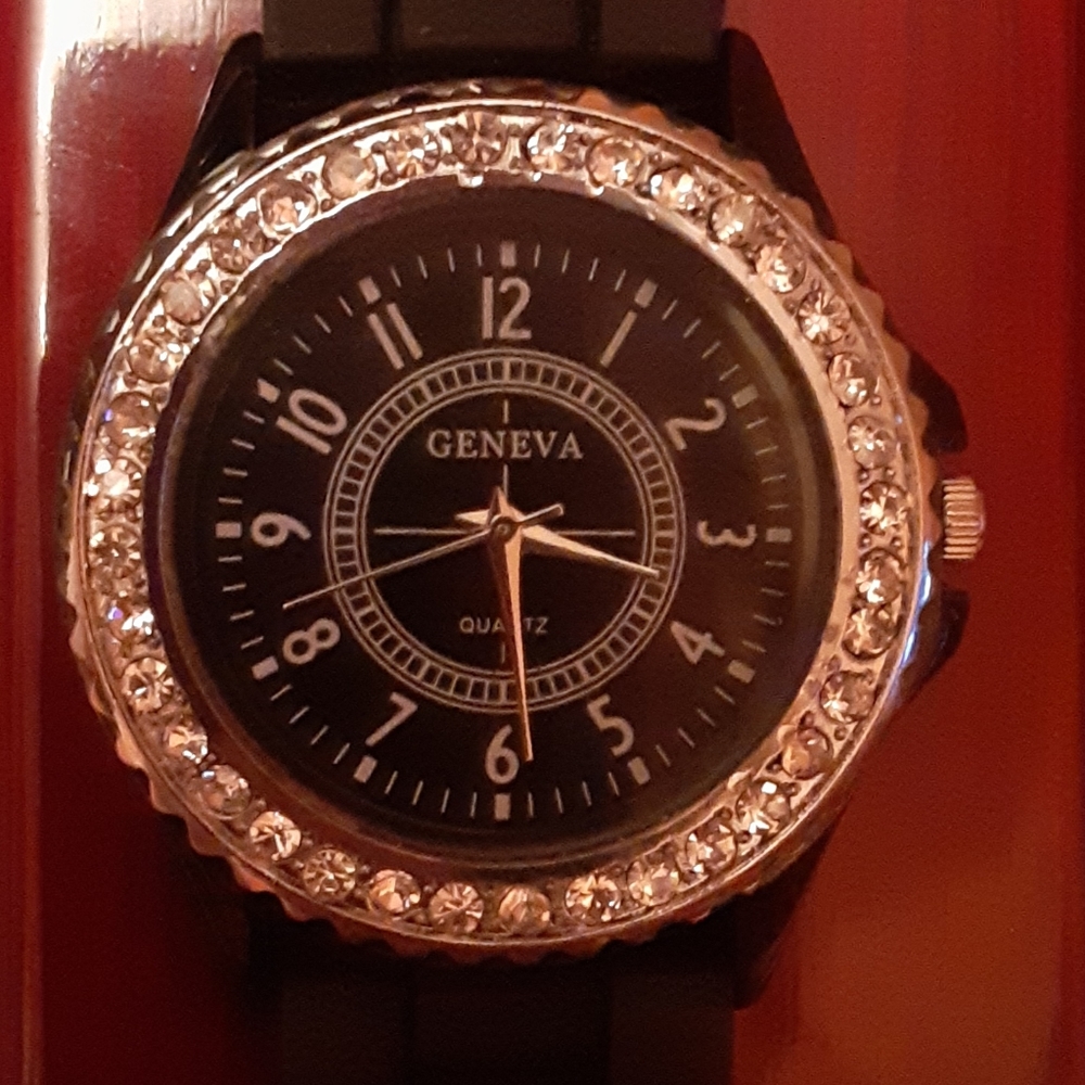 Geneva Quartz Black Silicone Band Watch